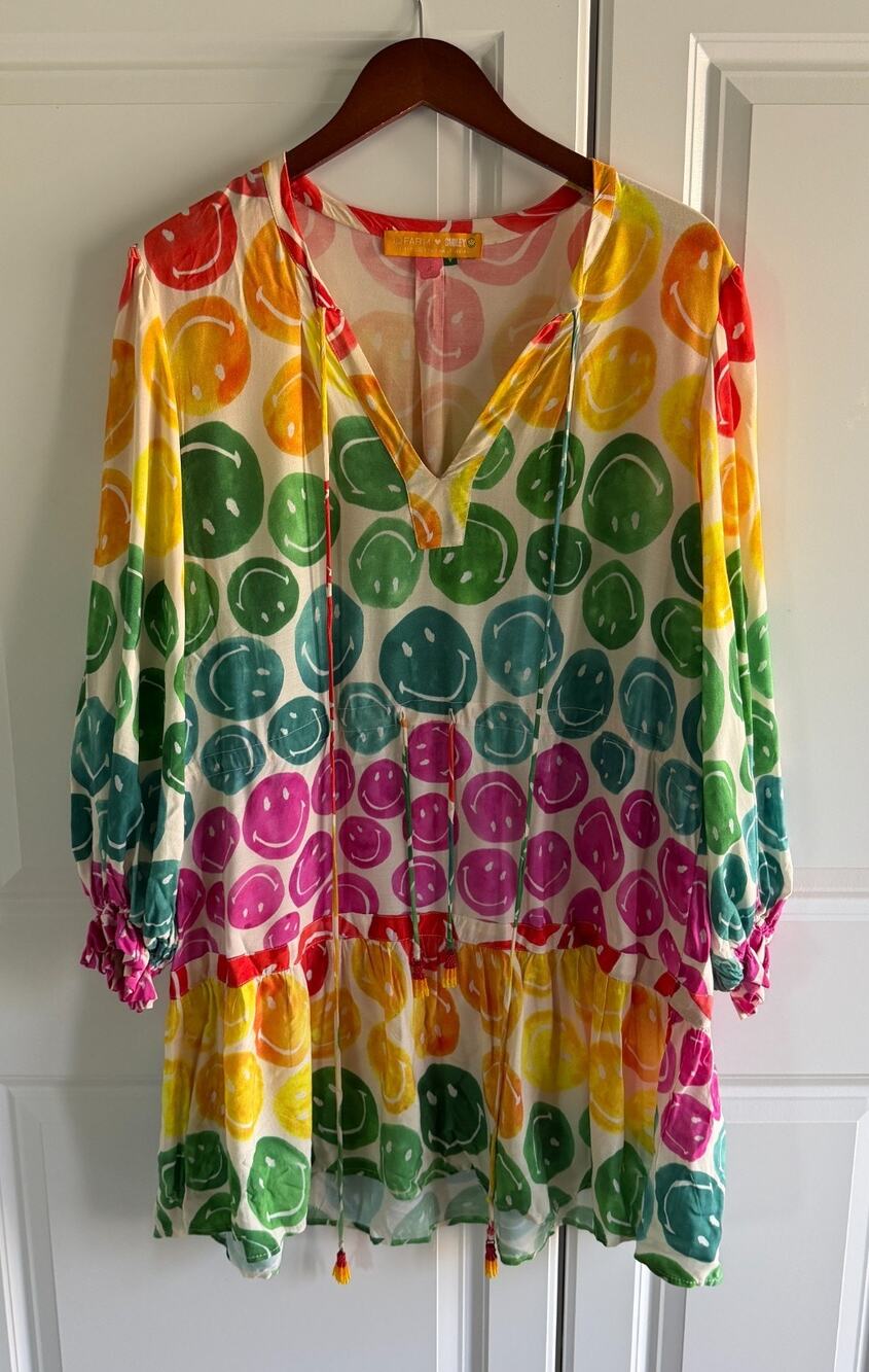 FARM Rio x Smiley Rainbow Mini Dress Tropical Boho Resort Tassel Womens Large